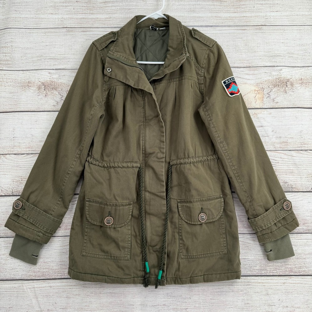 Roxy Military Anorak Jacket Women Small Olive Green Utility Quilted K474631